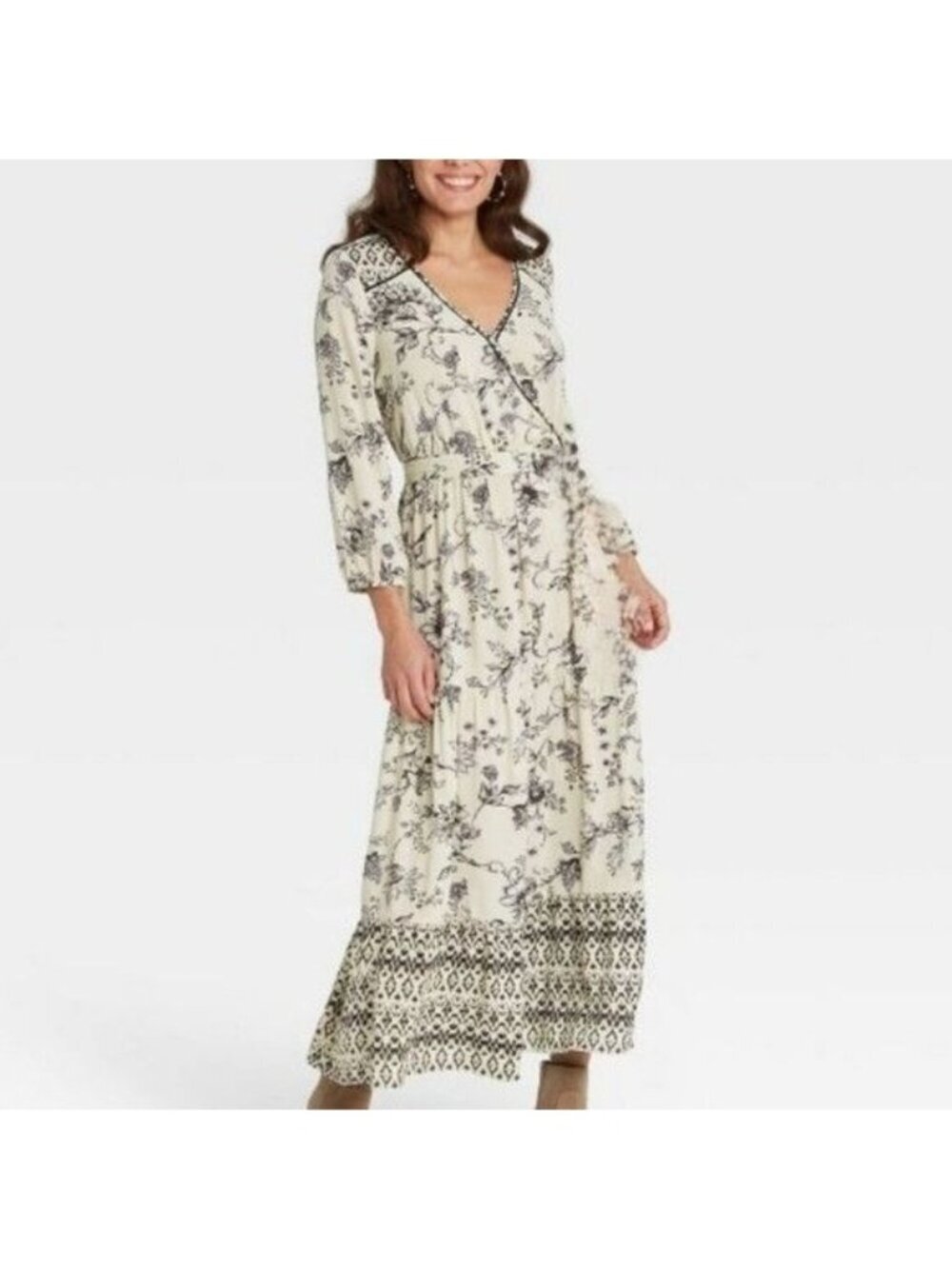 Knox Rose Light Yellow Black Floral Surplice Boho Tiered Maxi Dress Women Size X
